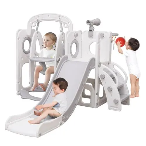 Produktbild: Sinbide Kinderrutsche 4 in 1 Multifunktionale Rutsche mit Basketballkorb Kletterleiter Schaukel Stauraum Fernglas Mini Kinderpark und multifunktionales Kinderspielzeug für 3-6 Jahre weiß