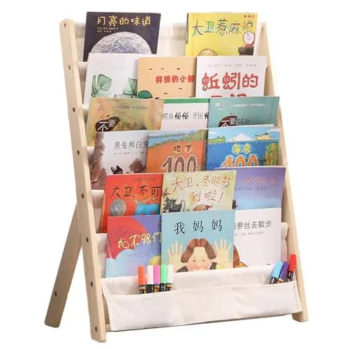 Produktbild: SINBINTA Kinder-Bücherregal, 6 Ebenen, Bücherregal, Aufbewahrung, Ausstellungsregal, einfacher Zugriff, Holzbuch-Organizer mit Tasche für Kinderzimmer und Spielzimmer (Beige)