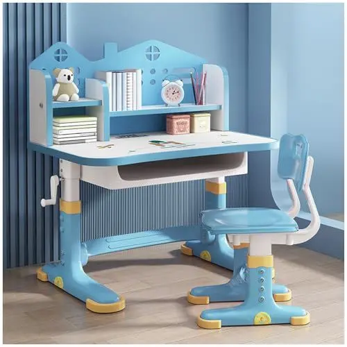 Produktbild: SINBINTA Kinder-Schreibtisch- und Stuhl-Set, höhenverstellbar, Kinderstudiertisch mit Schublade, Bücherregal, Kindersitztisch für Jungen, Mädchen, Schule, Zuhause, Arbeitszimmer (Raketenblau)