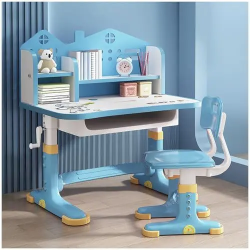 Produktbild: SINBINTA Kinder-Schreibtisch- und Stuhl-Set, höhenverstellbar, Kinderstudiertisch mit Schublade, Bücherregal, Kindersitztisch für Jungen, Mädchen, Schule, Zuhause, Arbeitszimmer (Space Blue)