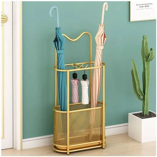 Produktbild: SINBINTA Schirmständer aus Metall, freistehend, mit Haken und Abtropfschale, Gehstock-Halter, Regenschirm-Organizer für Flur, Eingang (Gold)