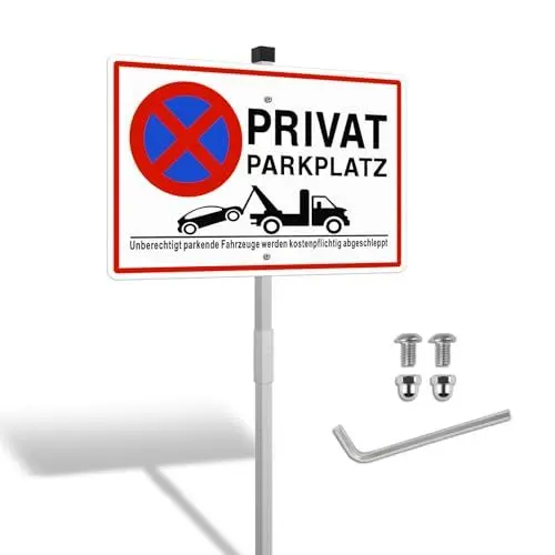 Produktbild: SINMAO Privatparkplatz Schild mit Pfosten Alu 300x200 mm mit Löchern für Zaun, Schild Privatparkplatz zum Aufstellen