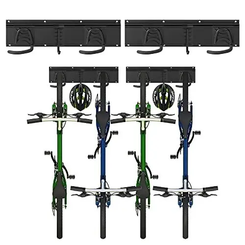 Produktbild: Sinoer Fahrradwandträger,Wandhalterung für 4 Fahrräder + 2 Helme, Werkzeugaufbewahrungshaken einstellbar für Garage oder Zuhause, vertikaler Fahrradhänger(Innenbreite: 90 mm) - 2 Schienen