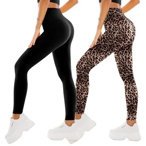 Produktbild: SINOPHANT 2er Pack Leggings Damen High Waist - Sportleggins Elastisch Yogahose Blickdicht Fitness Gym Yoga(2 Schwarz/Leopard,L-XL)