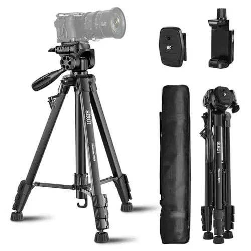 Produktbild: SIRUI Kamera Stativ 154cm, Aluminium Camera Tripod mit Telefonklemme Dreibein-Stative Fotostativ für Kamera Smartphone DSLR Camcorder, maximale Belastung 5kg