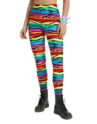 Produktbild: sissycos Damen 80er Neon Leggings Pants, Yoga Druck Print Bequem Fauen Laufhosen(Stolz Zebrastreifen,M)