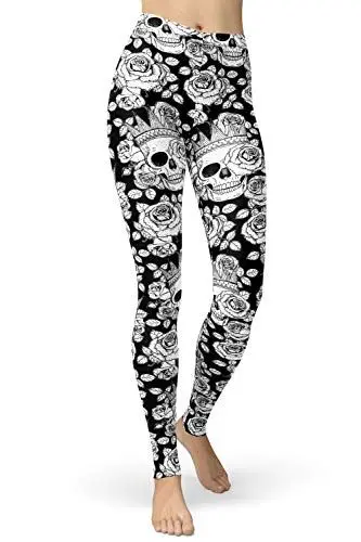 Produktbild: sissycos Damen Schädel Bedruckt Leggings, Bunte Skull Strumpfhosen Sanft Hosen Lang (Kronenschädel Schwarz und Weiß,S)