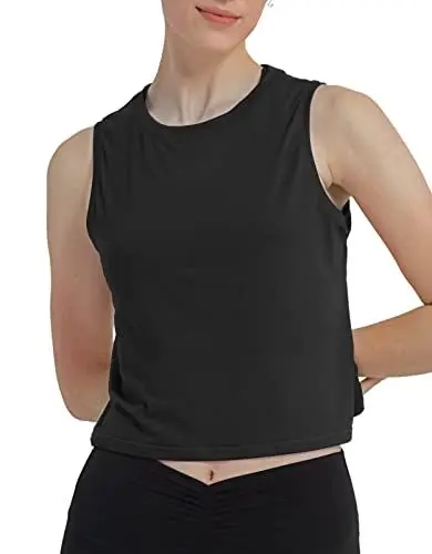 Produktbild: sissycos Damen Sport Crop Tank Top Ärmellos, Sanft Kurze Racerback Shirt Rundem Ausschnitt für Fitness Yoga Beiläufig(Schwarz,M)