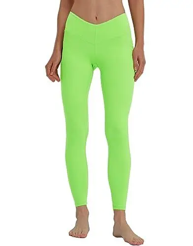Produktbild: sissycos Damen V-Taille Leggings High Waist mit Taschen 71CM，Blickdicht Freizeit Yogahose Lang für Laufen Fitness Sport Yoga Gym(Lime Grün,L)