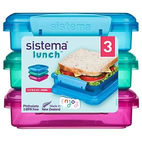Produktbild: Sistema Brotdose Sandwichbox | 450 ml | stapelbare und luftdichte Lunchbox mit Deckel | für Kinder & Erwachsene| BPA-frei | gemischte Farben | 3 Stück