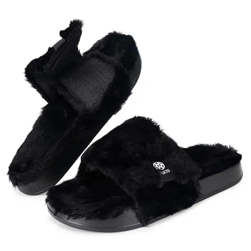 Produktbild: Sisttke Hausschuhe Damen Bequeme Flauschig Einstellbar Winter Warme Haus Pantoffeln Kunstpelz Orthopädische Schuhe rutschfeste Slippers,Schwarz,39/40 EU