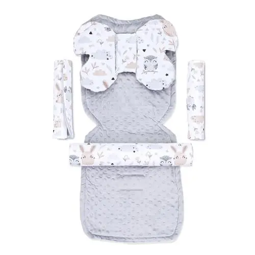 Produktbild: Sitzauflage Buggy Einlage Kinderwagen Zubehör - Sitzunterlage Auto Kindersitz Sitzpolster für Babyschale Fahrradanhänger Baby Sitzauflagen und Unterlage 75x35 cm Hellgrau Eulen