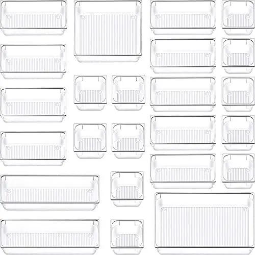 Produktbild: SIUNDAM 24 Stücke Schubladen Ordnungssystem mit 5-Größen-Aufbewahrungsboxen, Antirutsch Transparent Make-up Organizer Schublade für Schminktisch Küche Badezimmer