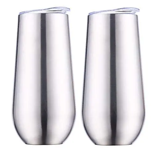 Produktbild: Sivaphe edelstahl sektgläser Silber, 2 Stück Champagnergläser, 180 ml Doppelwandig Thermo Weingläser mit Deckel für Büro, Party, Camping,Reisen, Weihnachten