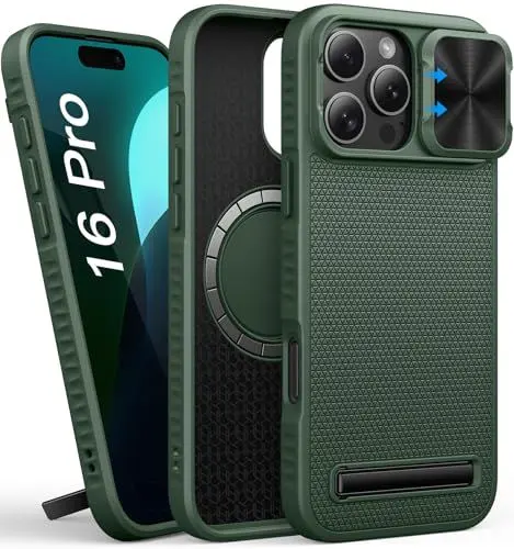 Produktbild: SIXBOX Magnetisch Hülle für iPhone 16 Pro, Kompatibel mit MagSafe, Eingebauter Kickstand, Kameraschutz Schieber, Dünne Militärischer Schutz, Schützende Frauen Männer Schutzhülle für iPhone 16Pro, Grün