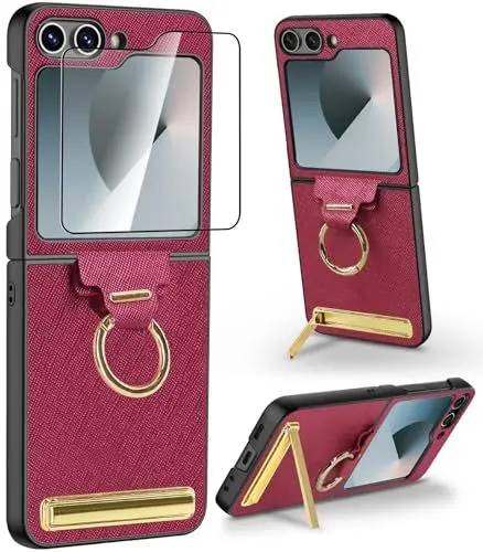 Produktbild: SIXBOX für Samsung Galaxy Z Fold 6 Hülle Leder mit Ring & Metal Ständer & Displayschutz, Unterstützt Kabelloses Laden, Ultra Dünn Handyhülle, Stoßfest Klapphülle für Samsung Z Fold 6, Bluegreen