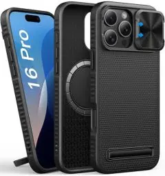 Produktbild: SIXBOX für iPhone 16 Pro Hülle, Dünne Fit Kompatibel mit MagSafe, Eingebauter Ständer, Kameraschutz Schieber, Militärischer Schutz, Dünne Männer Magnetisch Silikon Case für iPhone 16 Pro 2024, Schwarz