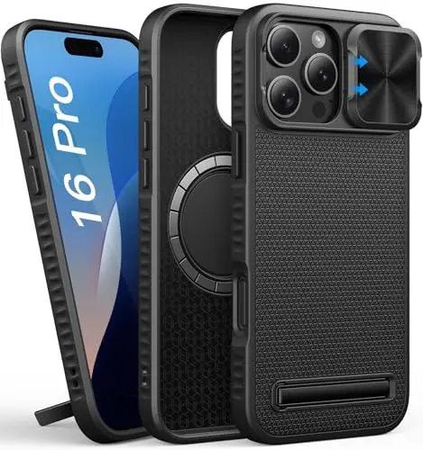 Produktbild: SIXBOX für iPhone 16 Pro Hülle, Dünne Fit Kompatibel mit MagSafe, Eingebauter Ständer, Kameraschutz Schieber, Militärischer Schutz, Dünne Männer Magnetisch Silikon Case für iPhone 16 Pro 2024, Schwarz