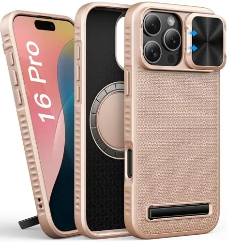 Produktbild: SIXBOX für iPhone 16 Pro Hülle mit Ständer, Kameraschutz Schieber, Kompatibel mit MagSafe, Militärischer Schutz, Stoßfeste Schutzhülle, Magnetisch Matte Frauen Handyhülle für iPhone16 Pro, Rose Gold