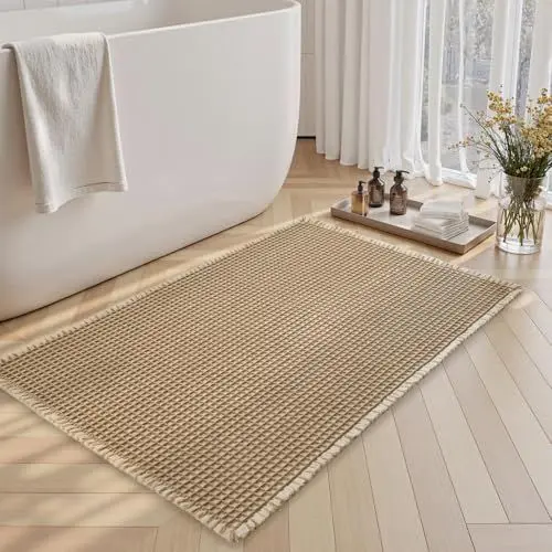 Produktbild: SIXHOME 40 * 60cm Braun-Weiß Badematte Super Absorbierende Waffle mit Quasten Badteppich Badematte rutschfest Maschinenwaschbare Badematte für Badezimmer