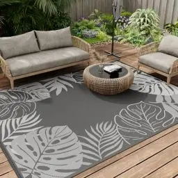 Produktbild: SIXHOME Outdoor Teppich Wetterfest 120 * 180cm, Balkon Teppich mit Modernem Pflanzen, Picknickdecke Muster Waschbarer Carpet für Garten Balkon Terrasse Camping, Grau und Weiß