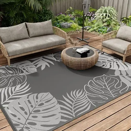 Produktbild: SIXHOME Outdoor Teppich Wetterfest 120 * 180cm, Balkon Teppich mit Modernem Pflanzen, Picknickdecke Muster Waschbarer Carpet für Garten Balkon Terrasse Camping, Grau und Weiß