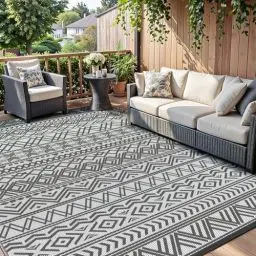 Produktbild: SIXHOME Outdoor Teppich Wetterfest, Wendbarer Balkon Picknick Teppich 120 * 180cm UV-Beständige, Boho-Style Leichtgewicht Outdoorteppich Carpet rutschfest für Garten Balkon Terrasse Camping, Grau