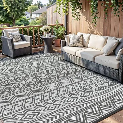 Produktbild: SIXHOME Outdoor Teppich Wetterfest, Wendbarer Balkon Picknick Teppich 120 * 180cm UV-Beständige, Boho-Style Leichtgewicht Outdoorteppich Carpet rutschfest für Garten Balkon Terrasse Camping, Grau
