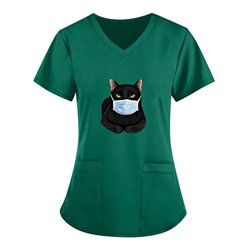 Produktbild: Sizoer Berufsbekleidung Pflege Damen Krankenschwester Kittel V-Neck Kasack Pflege Katze Motiv Slim Fit Tee Damenkasack Kurz KasackWorkwear Für Spa, Salon, Massage