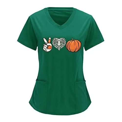Produktbild: Sizoer Damen Kurzarm Berufskleidung Kasacks Halloween-Druck Berufsbekleidung Schlupfhemd Uniform mit Motiv Kurzarm Tops Working Uniform Arbeitskleidung Krankenpfleger Workwear Tshirt