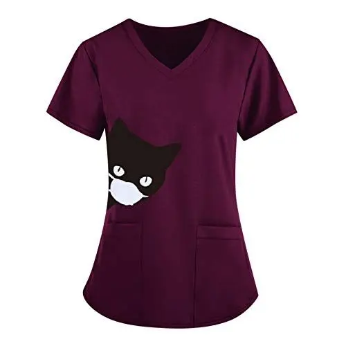 Produktbild: Sizoer Kasacks Damen Pflege Bunt Mit Taschen Schlupfjacke Krankenhaus Schlupfhemd V-Ausschnitt Katze Motiv Kasack Pflege Plus Size Kurz Kasack DamenkasackWorkwear Für Spa, Salon, Massage
