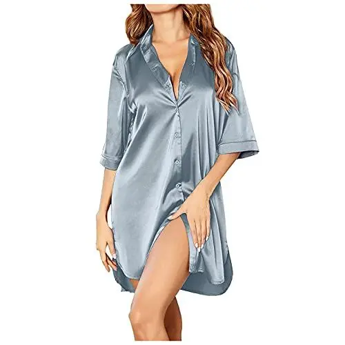 Produktbild: Sizoer Negligee Damen Sexy Babydoll Kurz Satin Nachthemd Mit Knöpfe V-Ausschnitt Nachtwäsche Sleepwear 3/4 Ärmel Nachthemd Nachtwäsche Mit Knöpfen Leichtgewichts Nachtwäsche Für Lounge S-XXL