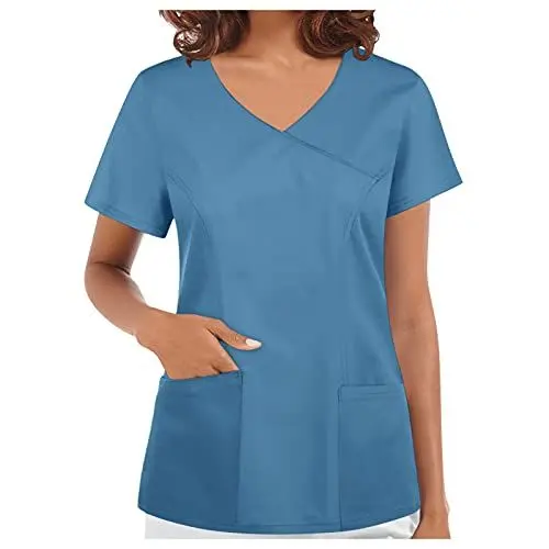 Produktbild: Sizoer Schlupfkasack Kasack Damen Kurzarm V-Ausschnitt T Shirts Krankenpfleger Uniformen mit 2 Taschen Einfarbig Frauen Pflege Berufsbekleidung Krankenschwester Schlupfhemd #0512 Blau