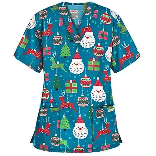 Produktbild: Sizoer Weihnachten Kasacks Damen Pflege Bunt Arzt Uniform Schlupfjacke V-Neck Uniform Berufsbekleidung Krankenschwester Kleidung Schlupfhemd T-Shirt Berufskleidung Krankenpflege Uniform