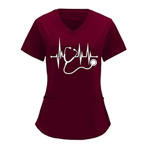 Produktbild: Sizoer Weihnachten Kasacks Damen Pflege Lady-Fit T-Shirt V-Ausschnitt T-Shirt Schlupfkasack Mit Taschen Kurzarm Kurzarm Tops Working Uniform Bluse Schlupfkasack Kasack Damen Pflege Berufskleidung