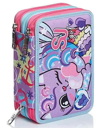 Produktbild: SJ GANG Federmäppchen, Mäppchen, mehrfarbig, Federtasche für Schreibwaren, Etui mit Stiften, Kugelschreiber, & mehr, Kinder, Mädchen & Jungen, Grundschule, 3 Fächer·· SJ-Muster fuchsienrot