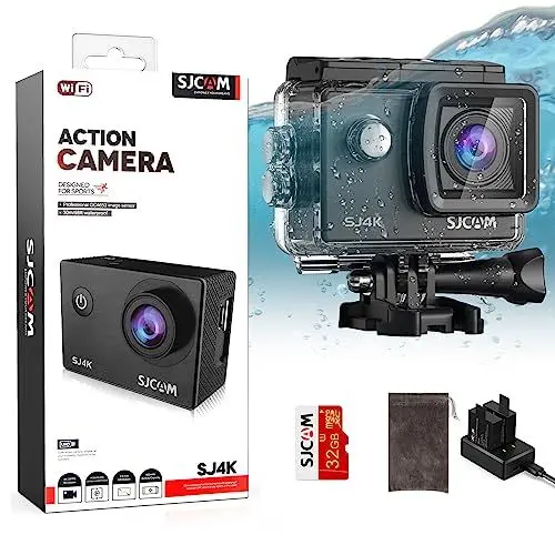 Produktbild: SJCAM SJ4000 Action Cam 4K30fps WiFi Kamera,40MP Ultra HD 170°FOV mit EIS Bildstabilisierung,Unterwasserkamera 30m/98ft Wasserdicht Kamera mit 2 Akkus, 32G SD Karte und Helmhalterung Zubehör Kits