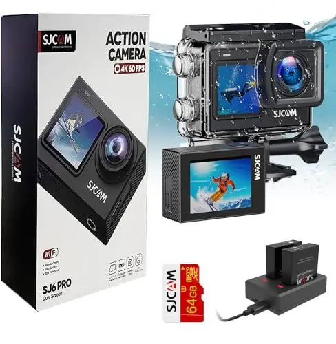 Produktbild: SJCAM SJ6Pro 4K60fps 24MP Dual Screen Action Cam mit WiFi, 6-aixs Gyroskop Stabilisator,165° FOV 8X Zoom, Unterwasser 30m Wasserdicht Kamera mit 2X 1000mAh/64G Karte/Fahrzeug Kits