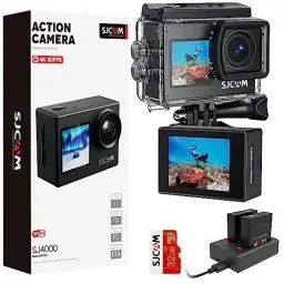 Produktbild: SJCAM Upgraded SJ4000 Action Kamera 4K Ultra HD Dual Screen Unterwasserkamera 98FT Wasserdicht, 170° Weitwinkel, Stabilisierung, WiFi Kamera mit extra Akku, SD Karte, Helm Zubehör Kit