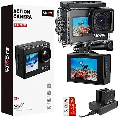 Produktbild: SJCAM Upgraded SJ4000 Action Kamera 4K Ultra HD Dual Screen Unterwasserkamera 98FT Wasserdicht, 170° Weitwinkel, Stabilisierung, WiFi Kamera mit extra Akku, SD Karte, Helm Zubehör Kit