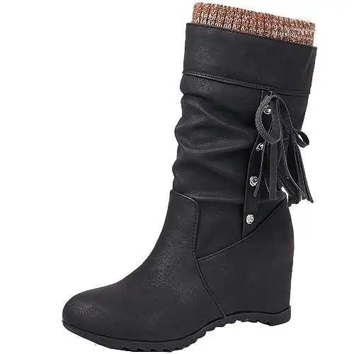 Produktbild: SJJH Damen Slimouch Boots mit Keilabsatz und Slip-on-Stiefeln (Schwarz,41)