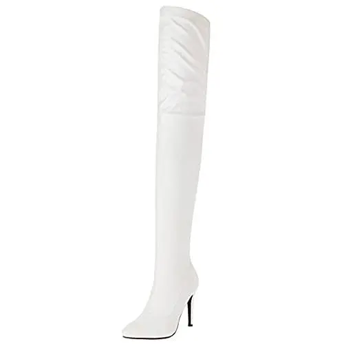 Produktbild: SJJH Damen Stretch Overknee Stiefel mit Stiletto-Absatz und spitzer Zehenpartie (Pu Weiß, 34 EU)