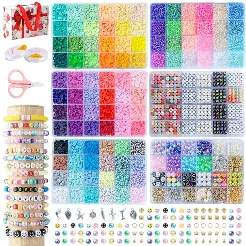 Produktbild: SJZWSD Perlen Set für Armbänder Selber Machen, 6-Boxen - 16000 Stück, Polymer-Ton & Glas Saatperlen, DIY Schmuckherstellungs-Kit mit Buchstabenperlen inkl. Ä Ö Ü ß & Charms
