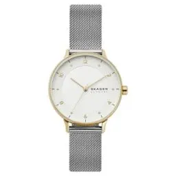 Produktbild: Skagen Damenuhr Riis, Dreizeiger Uhrwerk, 36mm Gold Edelstahlgehäuse mit Edelstahl Mesh Armband, SKW2912, Silber