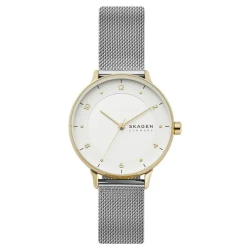 Produktbild: Skagen Damenuhr Riis, Dreizeiger Uhrwerk, 36mm Gold Edelstahlgehäuse mit Edelstahl Mesh Armband, SKW2912, Silber