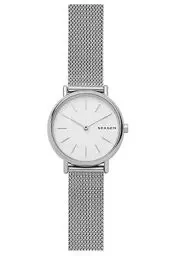 Produktbild: Skagen Signatur Uhr für Damen, Quarzwerk mit Edelstahl- oder Lederarmband, Silberton und Weiß, 30MM
