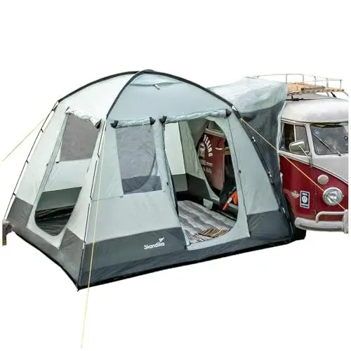 Produktbild: Skandika Busvorzelt Pitea Van | für 4 Personen, freistehend, eingenähter Zeltboden, 2,2 m Stehhöhe, große Fenster, wasserfest, 3000 mm Wassersäule, Moskitonetze, 3 x 3 m, Kuppelzelt für Bus, Caddy