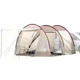 Produktbild: Skandika Camper Tramp Busvorzelt | Freistehend mit Schlafkabine für 2-4 Personen, Stehhöhe 2,1m, Sonnendach, 3000mm Wassersäule | Zelt für Auto, Bus, Van, Minivan, Bulli (Beige | mit Schlafkabine)