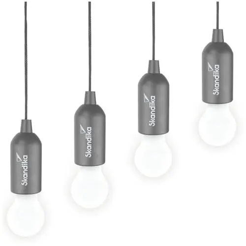 Produktbild: Skandika Campinglampe Narvik | 4er Set, LED Lampe, Pull Light, batteriebetriebene Glühbirne mit Zugschalter, hängend, Camping Zubehör, tragbare Zeltlampe | Camping, Festivals, Garage, Keller