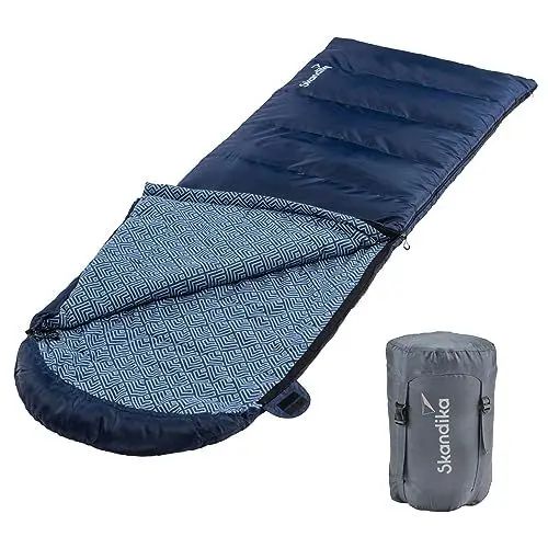 Produktbild: Skandika Deckenschlafsack Dundee Flanell | Baumwolle, Luxus-Qualität, koppelbar, Doppelschlafsack, 3 Jahreszeiten, bis -20°C, 220 x 80 cm/ 220 x 160 cm | Outdoor Camping Schlafsack (Indigo RV Links)